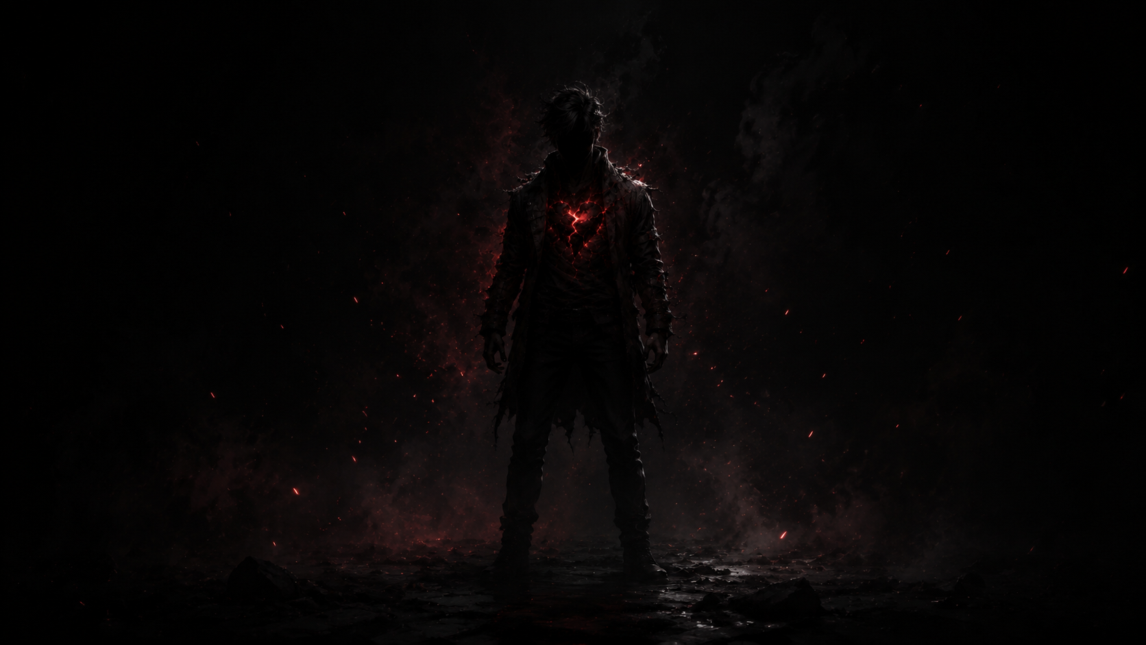 The faceless GhostHeart standing alone in darkness with a faint ember heart