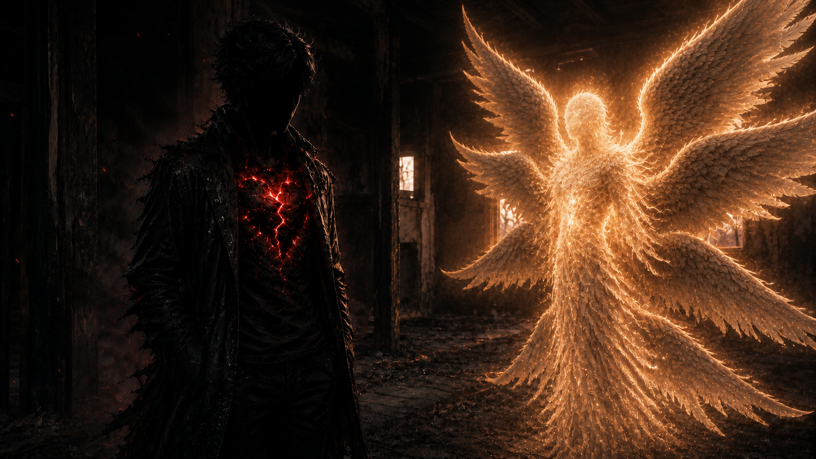 The faceless GhostHeart standing before a non-human celestial Angel made of golden light and six wings