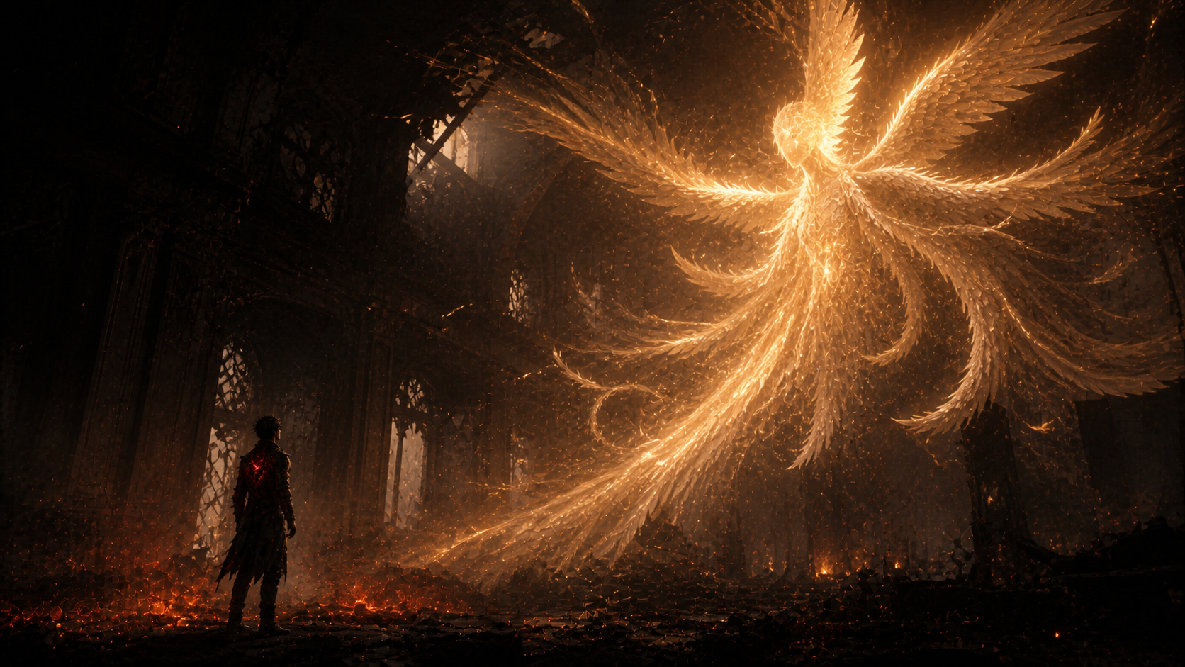 GhostHeart standing in ember-lit ruins beneath the immense golden wings of a non-human celestial Angel