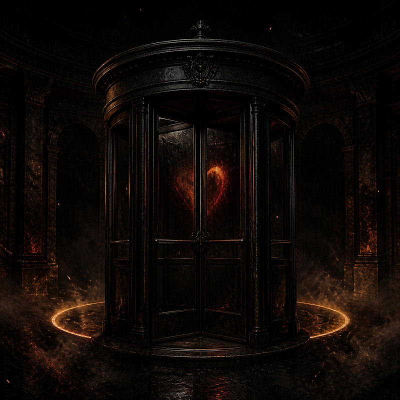Ashes and Embers cover artwork showing a black revolving door surrounding an ember-red heart