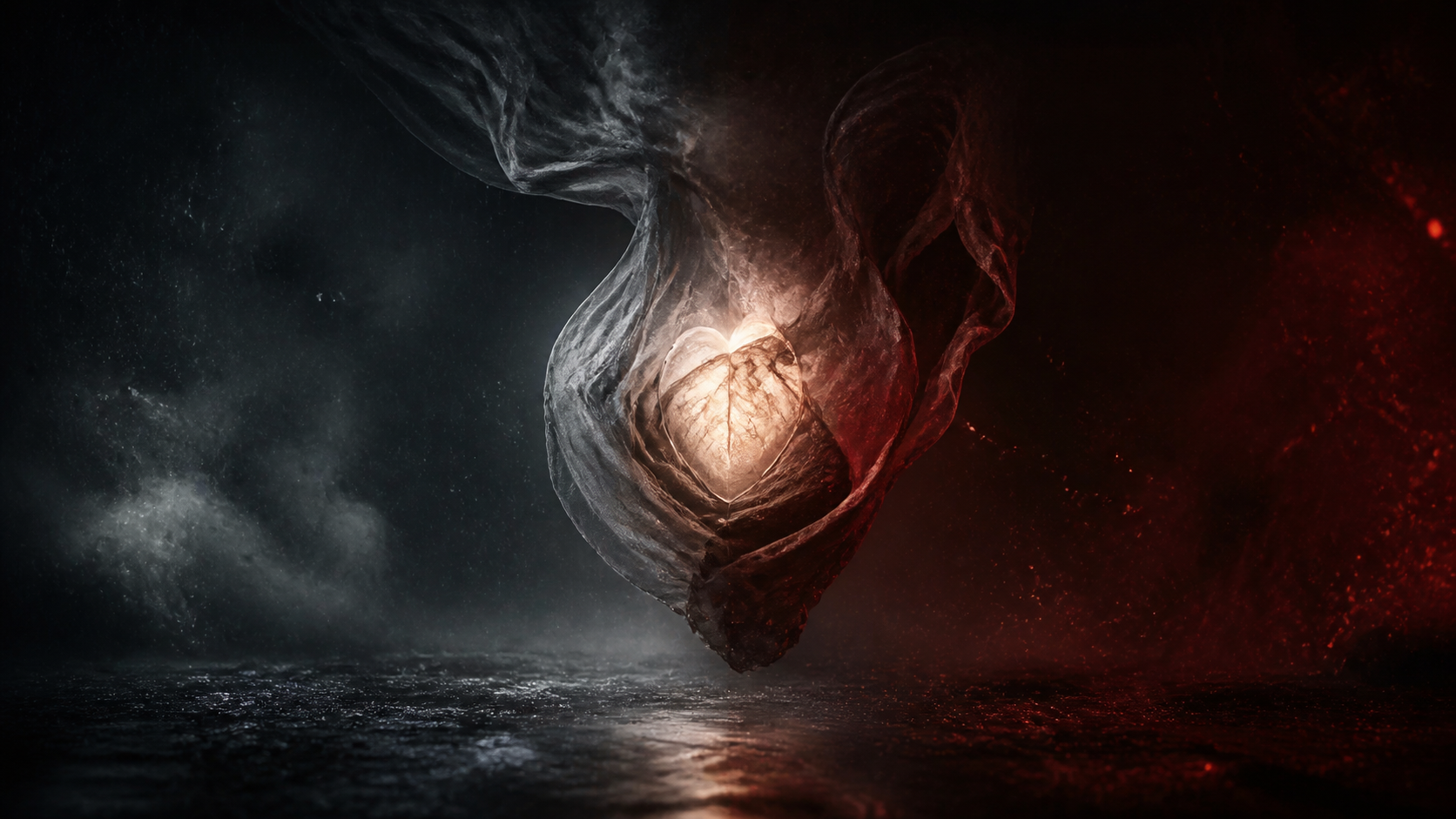A glowing heart suspended between a red world and a blue world