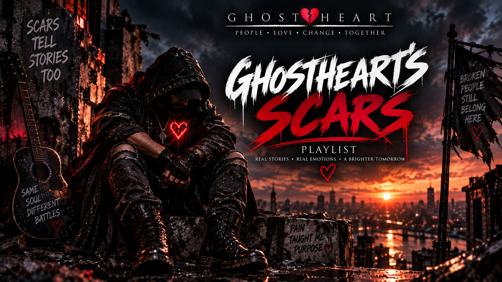 GhostHeart sits on a rooftop overlooking a city, with a glowing red heart and messages about scars and belonging.