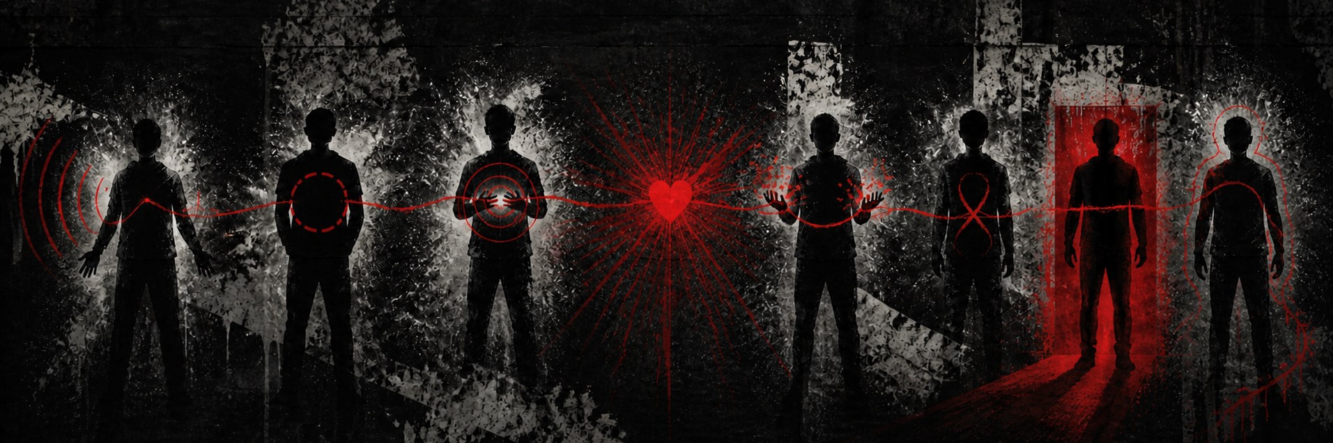 Seven faceless silhouettes connected through one central crimson heart signal across a black graffiti wall.