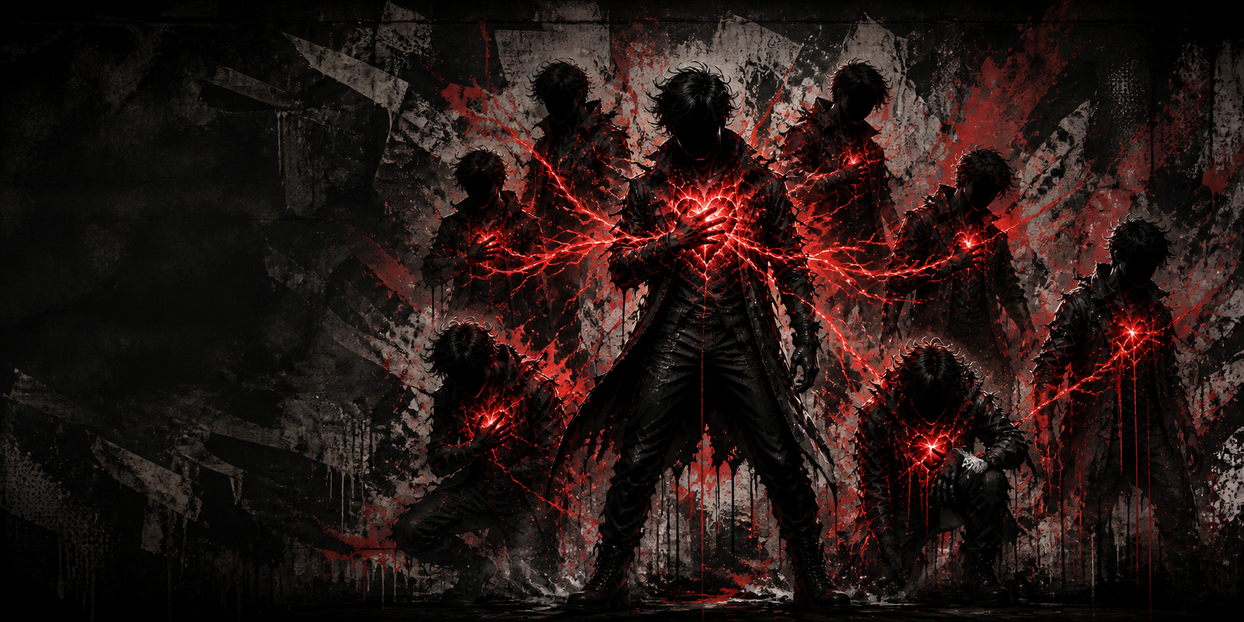 Seven faceless GhostHeart figures connected by crimson energy in a black-and-red graffiti mural.