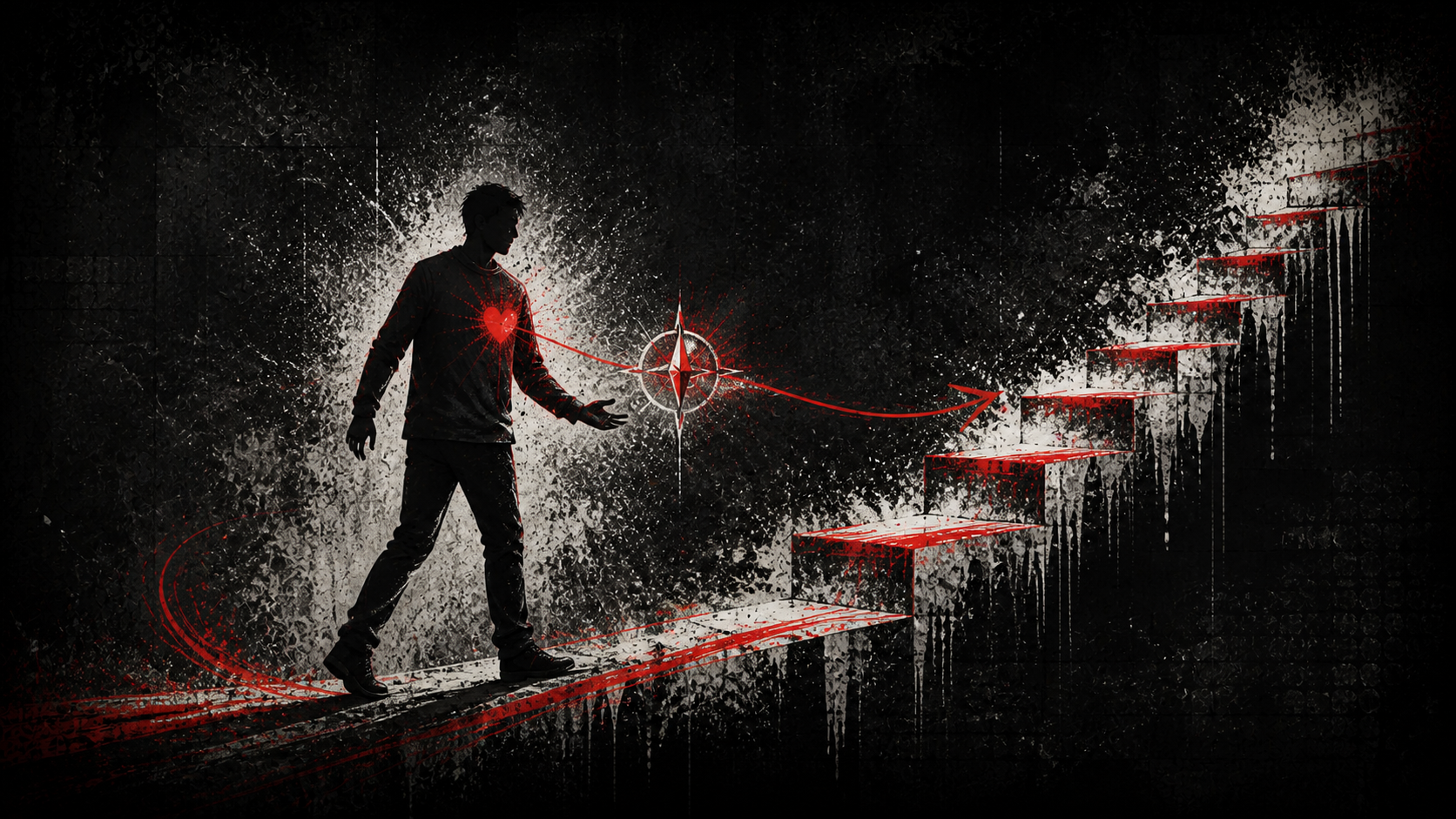 A faceless silhouette steps forward as a crimson heart signal becomes a compass, arrow, and rising path.