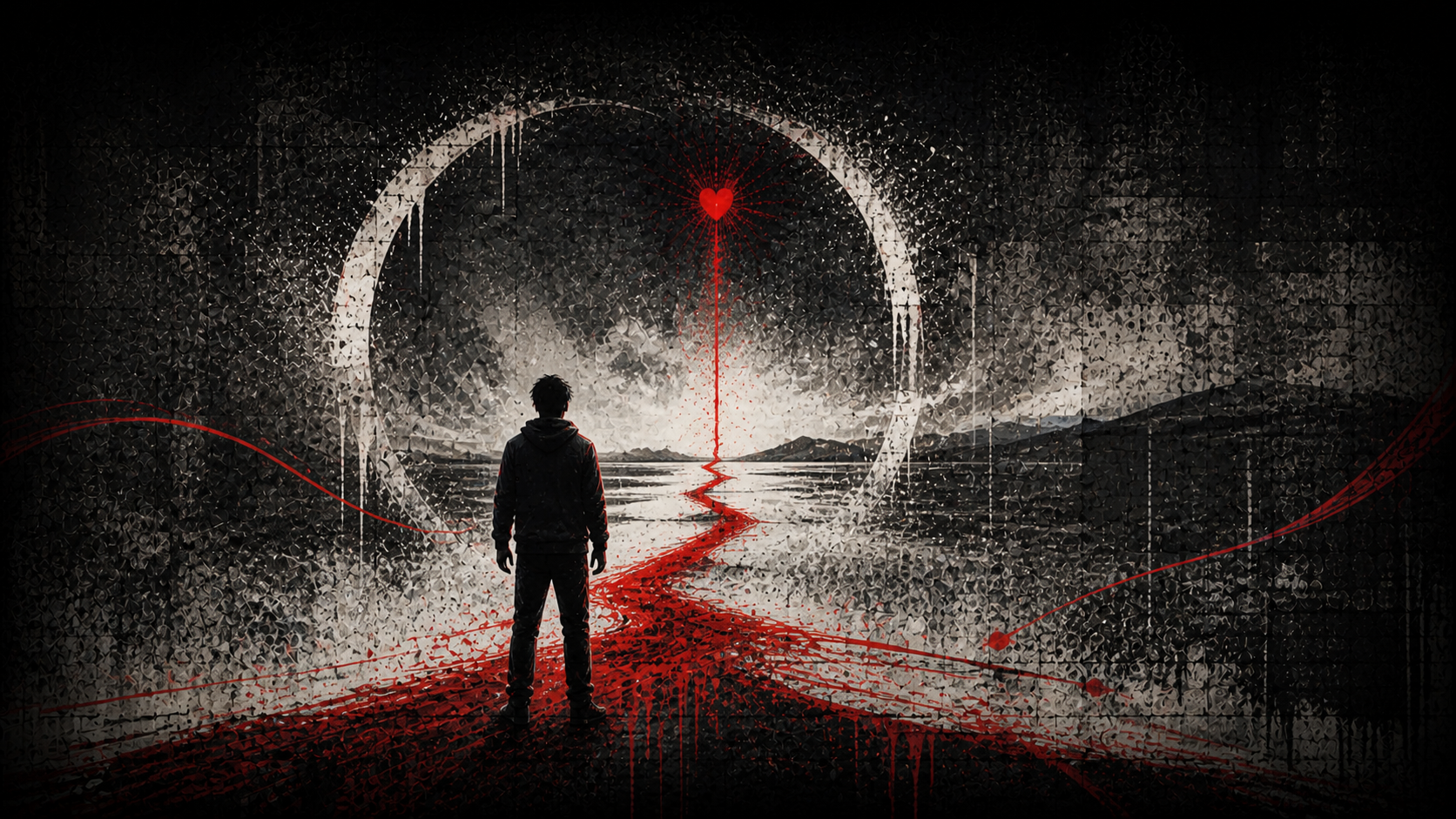A calm faceless silhouette stands beneath an open bone-white circle while a crimson heart signal rises toward the horizon.