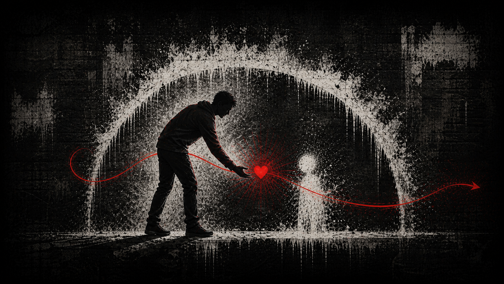 A larger faceless silhouette lowers to the level of a smaller silhouette beneath a steady open protective arc.