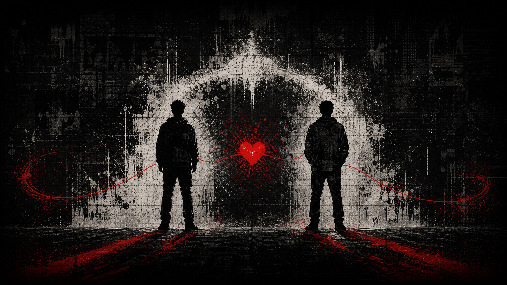 Two equal-height faceless silhouettes stand side by side as their crimson signals join one forward path.