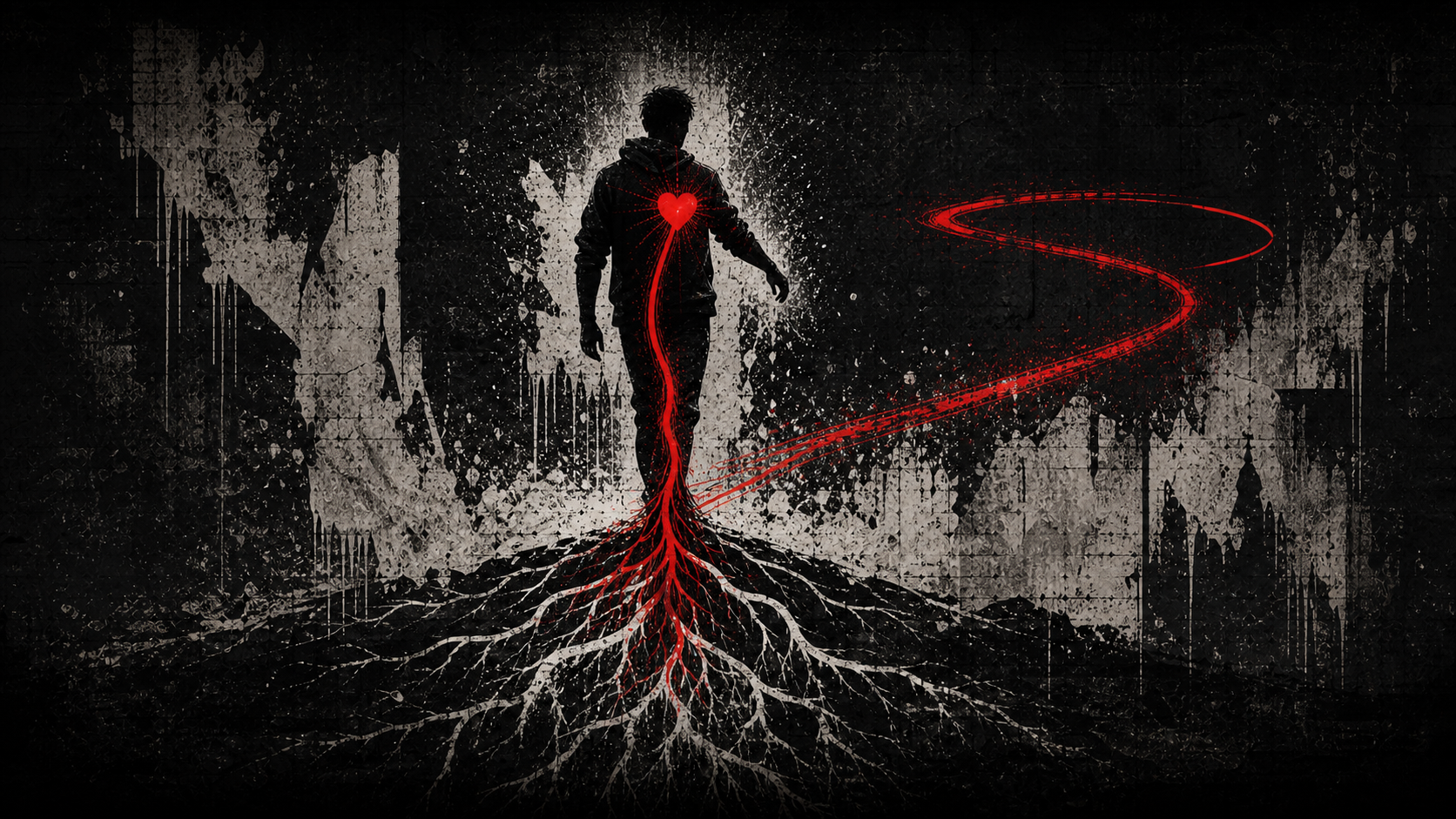An age-neutral faceless silhouette rises from root-like marks as one crimson heart signal climbs into an open contour.