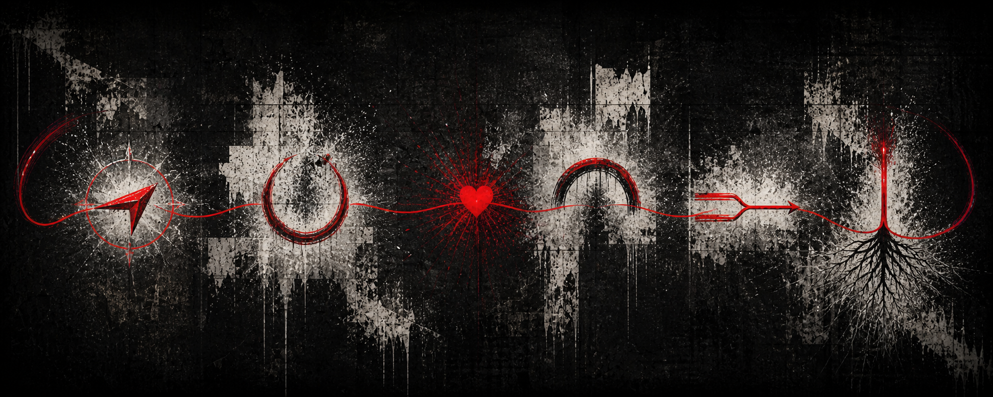 A compass, open circle, heart, sheltering arc, and roots connect through one crimson signal across a black-and-bone graffiti wall.