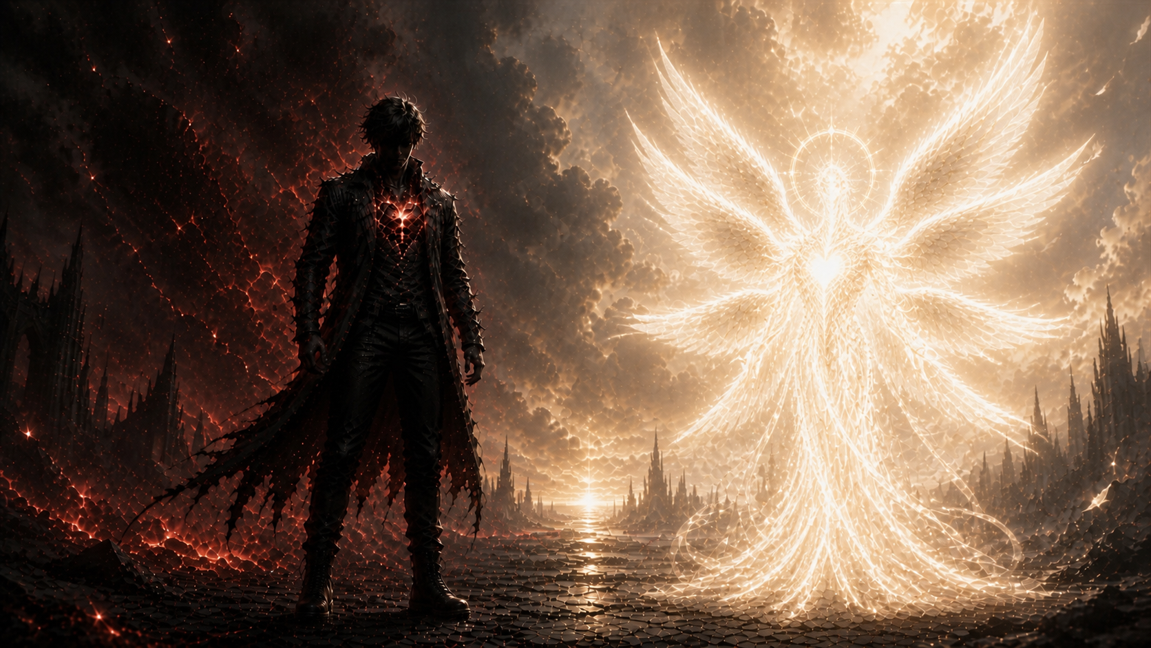 GhostHeart standing beside a faceless six-winged celestial Angel made entirely of golden-white light between ember-red ash and a luminous horizon